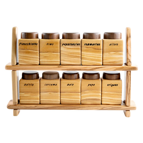 10 Piece Spice Wood Container Set With Stand, Olive And Walnut