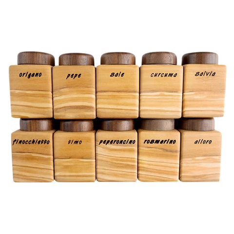 10 Piece Spice Wood Container Set With Stand, Olive And Walnut