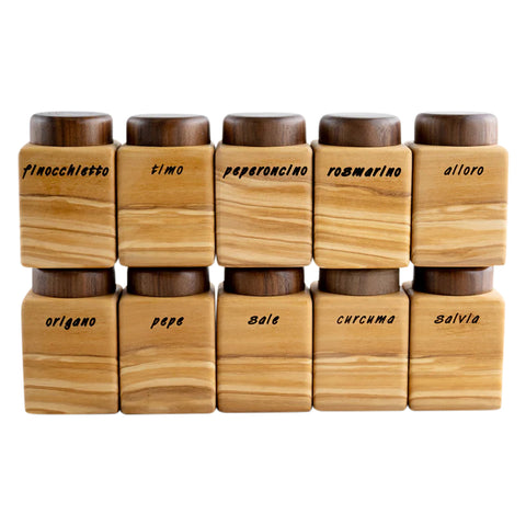 10 Piece Spice Wood Container Set With Stand, Olive And Walnut