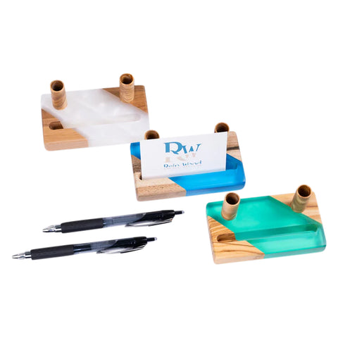 Business Card Holder With 2 Pen Holders, Walnut Wood