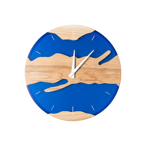 Costa Wall Clock, Ash Wood, Transparent Blue Resin