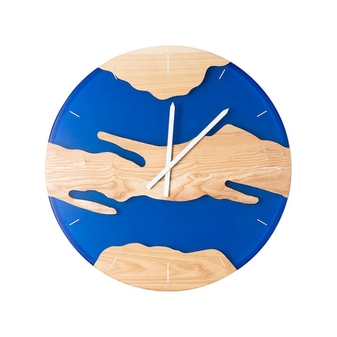 Costa Wall Clock, Ash Wood, Transparent Blue Resin