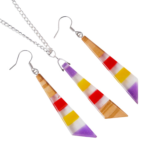 Iris Irregular Triangle Necklace/Earring Set, Olive Wood