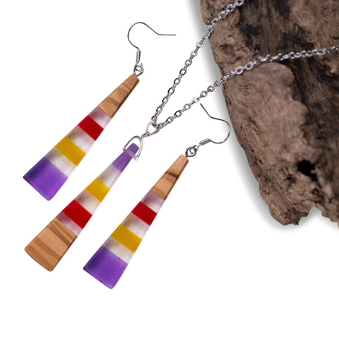 Iris Triangle Necklace/Earring Set, Olive Wood
