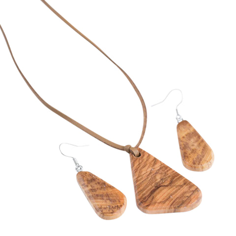 Natur Drop Shape Necklace/Earrings Set, Olive Wood