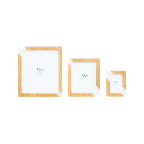 Photo Holder Set Of 3 Pieces, Oak Wood, White Resin