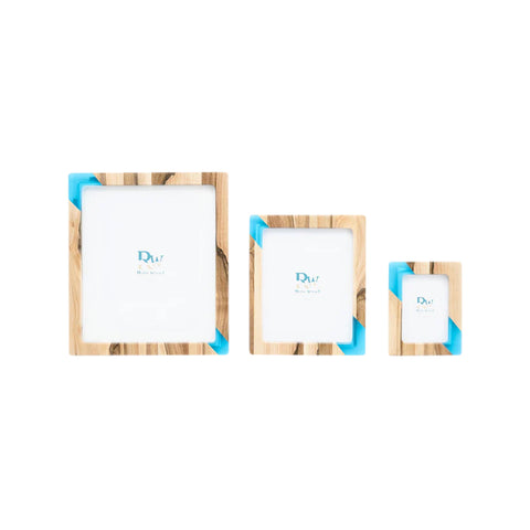 Photo Holder Set Of 3 Pieces, Walnut Wood, Blue Resin