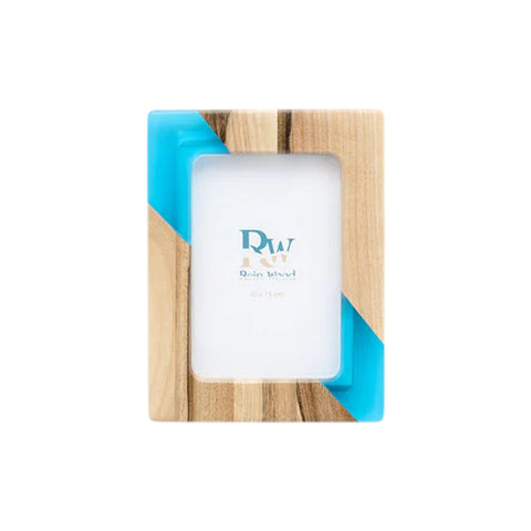 Photo Holder Set Of 3 Pieces, Walnut Wood, Blue Resin