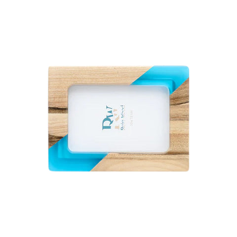 Photo Holder Set Of 3 Pieces, Walnut Wood, Blue Resin