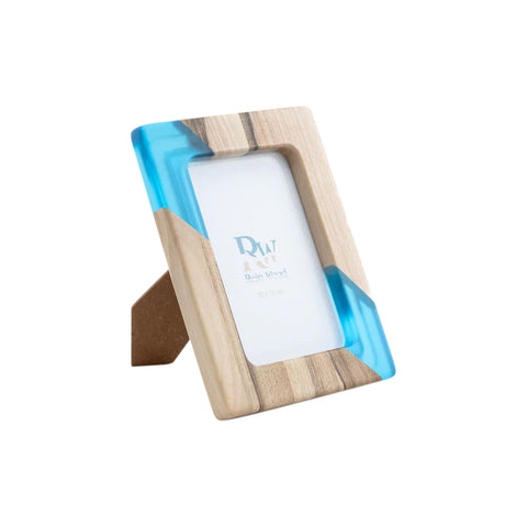 Photo Holder Set Of 3 Pieces, Walnut Wood, Blue Resin
