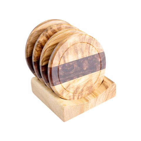 Horizon Round Coasters set, 4 pieces with holder, Olive Wood