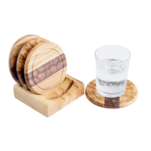 Horizon Round Coasters set, 4 pieces with holder, Olive Wood