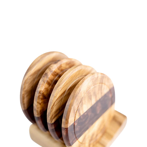 Horizon Round Coasters set, 4 pieces with holder, Olive Wood