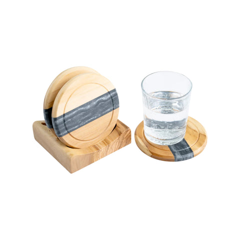 Horizon Round Coasters set, 4 pieces with holder, Olive Wood