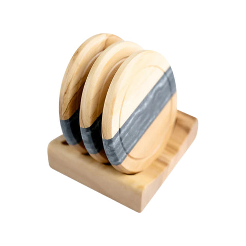 Horizon Round Coasters set, 4 pieces with holder, Olive Wood