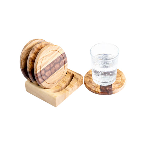 Horizon Round Coasters set, 4 pieces with holder, Olive Wood