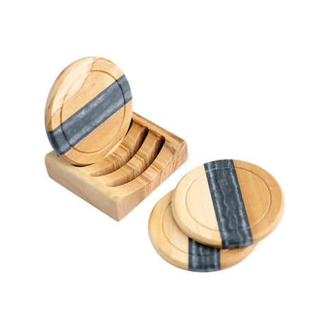 Horizon Round Coasters set, 4 pieces with holder, Olive Wood