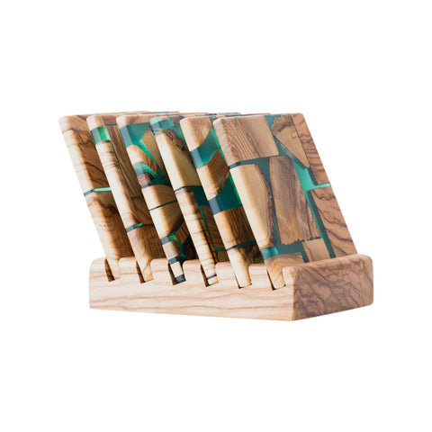 Riciclo Square Coasters set, 6 pieces with holder, Olive Wood