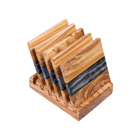 Horizon Square Coasters set, 6 pieces with holder, Olive Wood