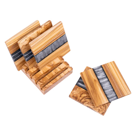 Horizon Square Coasters set, 6 pieces with holder, Olive Wood