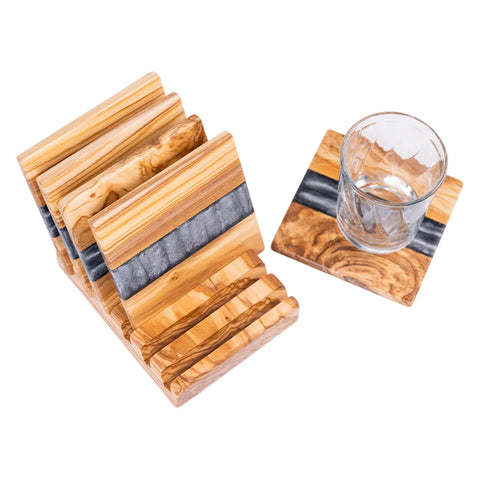 Horizon Square Coasters set, 6 pieces with holder, Olive Wood