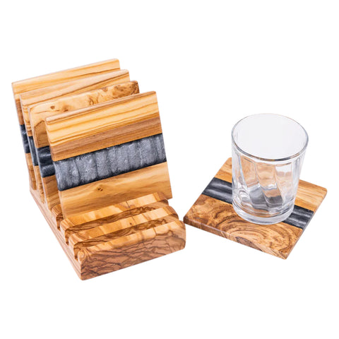 Horizon Square Coasters set, 6 pieces with holder, Olive Wood