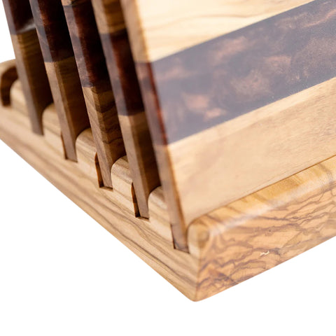 Horizon Square Coasters set, 6 pieces with holder, Olive Wood