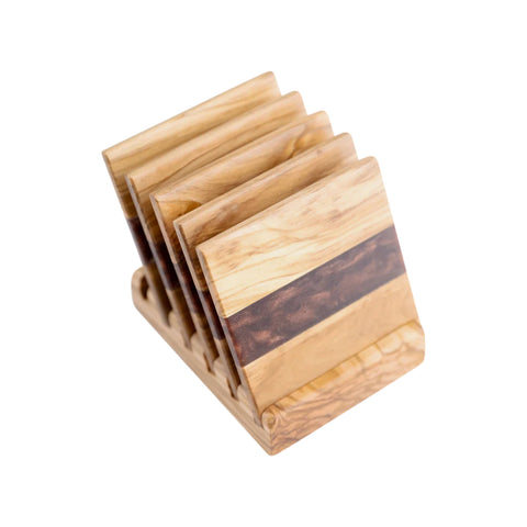Horizon Square Coasters set, 6 pieces with holder, Olive Wood