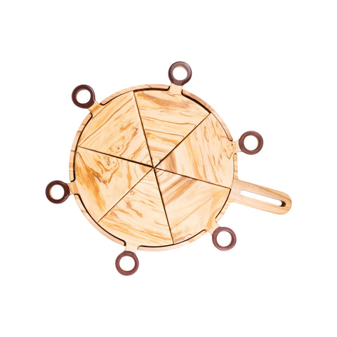 Talen Long-Handled Pizza Tray With 6 Segments And Pizza Cutter Wheel, Olive Wood