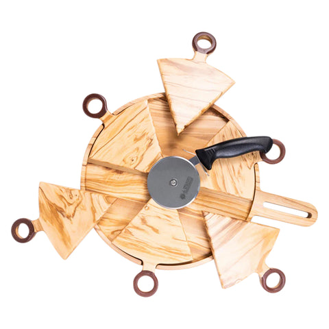 Talen Long-Handled Pizza Tray With 6 Segments And Pizza Cutter Wheel, Olive Wood