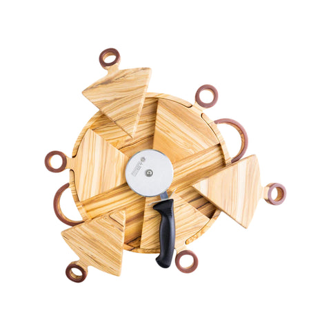 Talen Pizza Tray With 6 Wedges And Pizza Cutter Wheel, Oak Wood