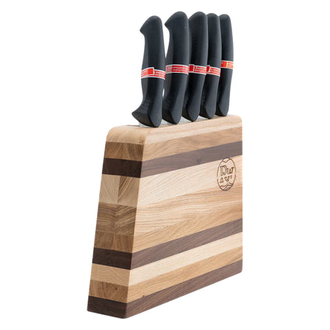 Zebra Vertical Knife Block with 5 Knives, Walnut, Ash, and Oak Wood