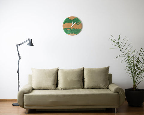 Costa Wall Clock, Oak - Pearl Green Resin-ReinWood