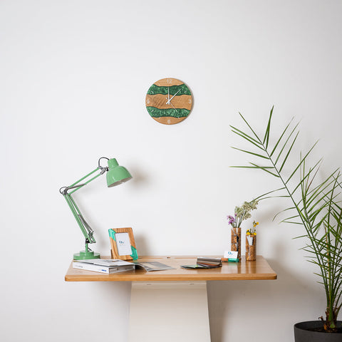 Costa Wall Clock, Oak - Pearl Green Resin-ReinWood