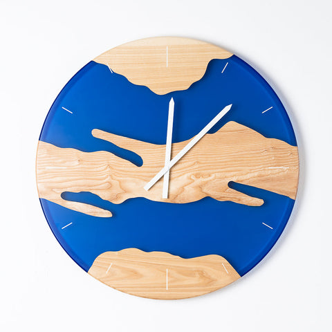 Costa Wall Clock, Wood Ash, Transparent Blue Resin-ReinWood