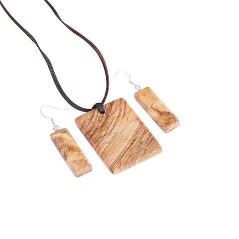 Natur Rectangular Necklace/Earrings Set, Olive Wood